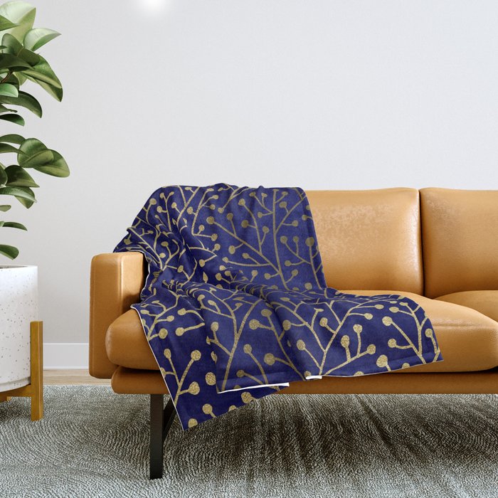 Gold Berry Branches on Navy Throw Blanket