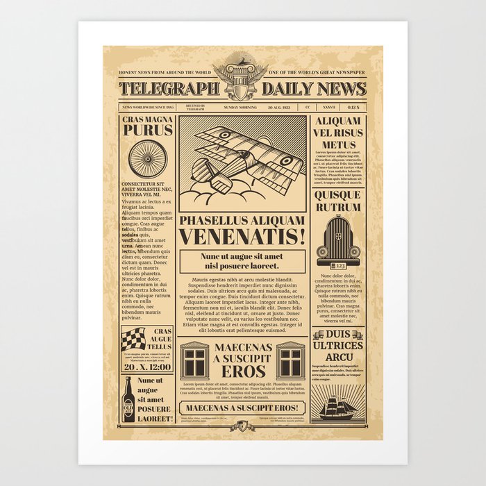 Old newspaper vintage. Retro newsprint with text and images. Newspaper  vintage with text article column illustration Art Print by Perfect Decor
