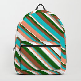 [ Thumbnail: Eyecatching Dark Green, Sienna, Dark Turquoise, Light Salmon & White Colored Stripes Pattern Backpack ]