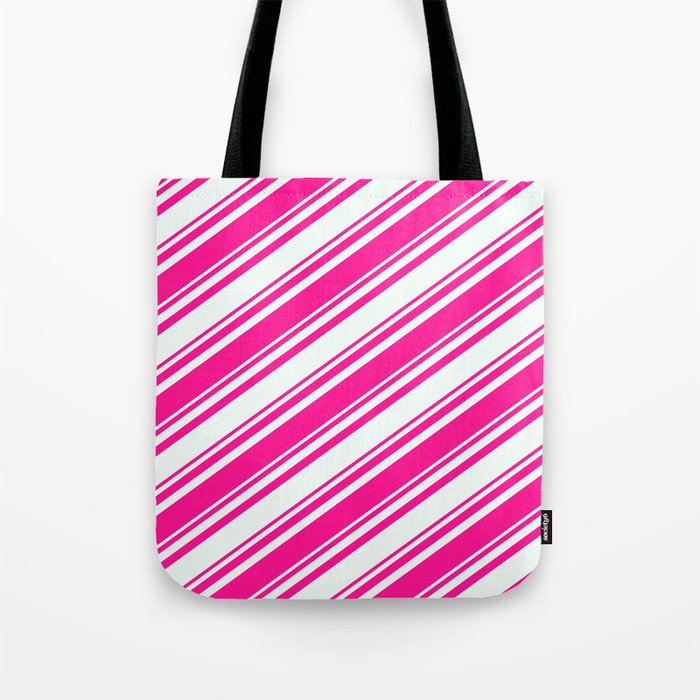 Deep Pink and Mint Cream Colored Lines/Stripes Pattern Tote Bag