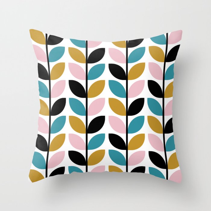 Retro leaves stems pink teal Throw Pillow