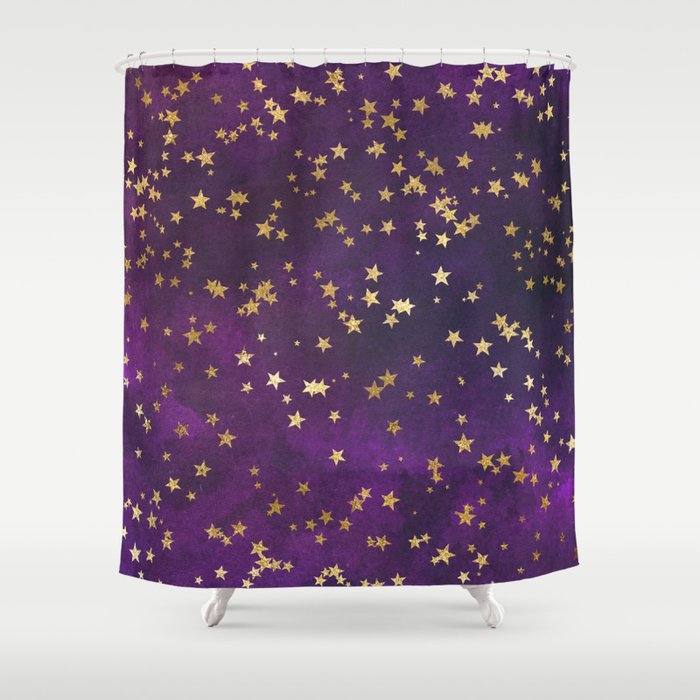 Dark Purple Gold Stars Shower Curtain, Purple And Gold Curtains