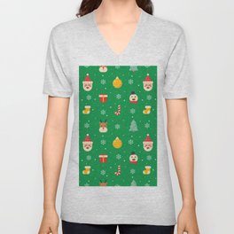Christmas Characters Seamless Pattern on Green Background V Neck T Shirt