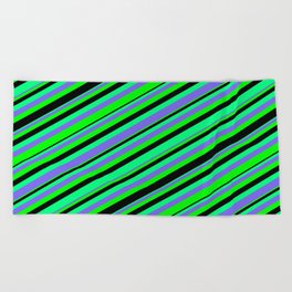 [ Thumbnail: Green, Medium Slate Blue, Lime & Black Colored Stripes/Lines Pattern Beach Towel ]