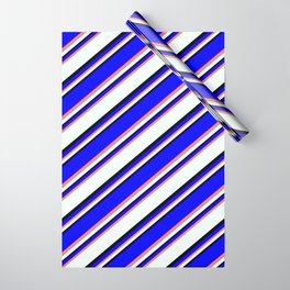 [ Thumbnail: Blue, Light Coral, Mint Cream & Black Colored Lined Pattern Wrapping Paper ]