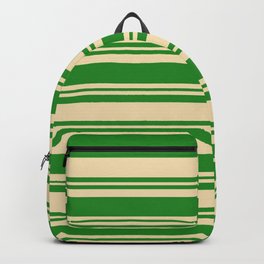 [ Thumbnail: Forest Green and Tan Colored Lined Pattern Backpack ]