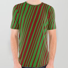 [ Thumbnail: Forest Green and Maroon Colored Lines/Stripes Pattern All Over Graphic Tee ]
