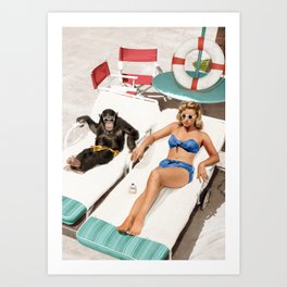Chimpanzee and a Woman Sunbathing Art Print