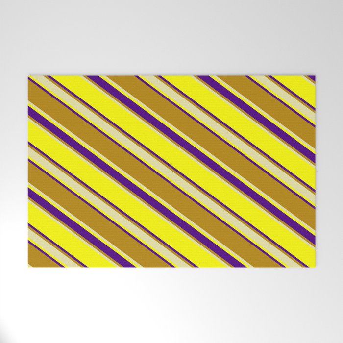 Yellow, Indigo, Dark Goldenrod, and Pale Goldenrod Colored Stripes/Lines Pattern Welcome Mat