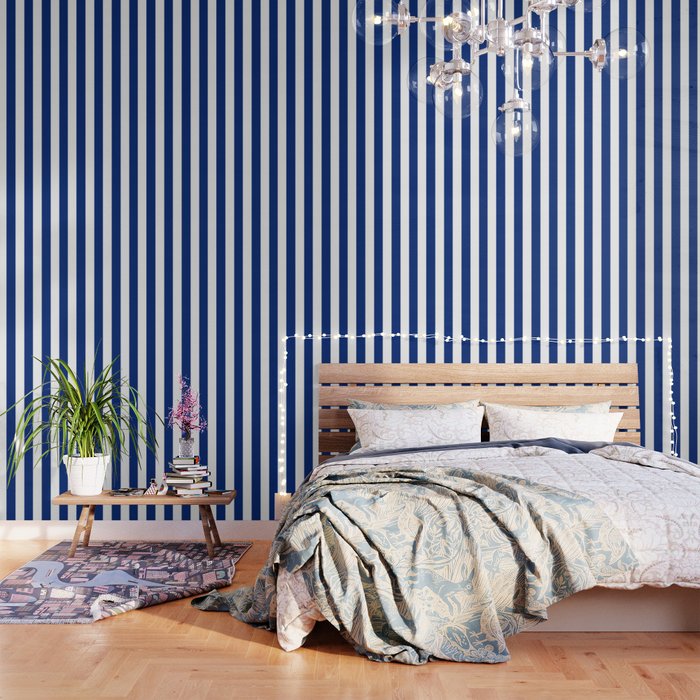 Catalina blue - solid color - white vertical lines pattern Wallpaper