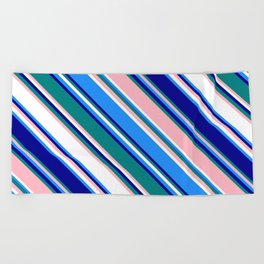 [ Thumbnail: Colorful Blue, Dark Blue, Teal, Light Pink, and White Colored Lines Pattern Beach Towel ]