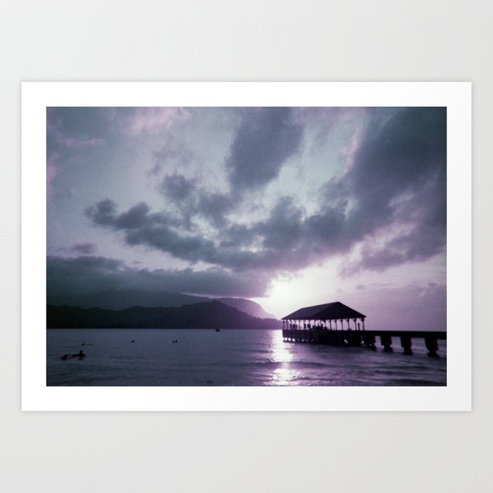Purple Sunset over Hanalei Bay in Hawaii, Kauai Art Print