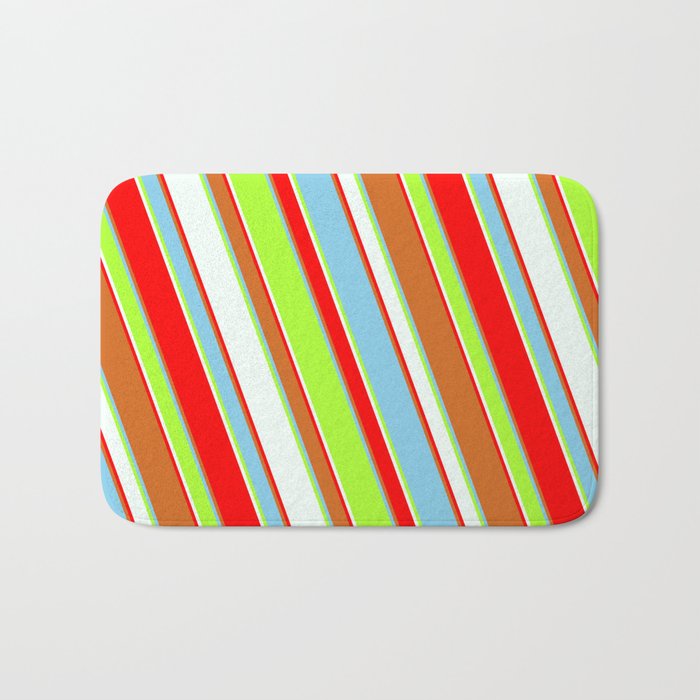 Colorful Chocolate, Sky Blue, Light Green, Mint Cream, and Red Colored Lined/Striped Pattern Bath Mat
