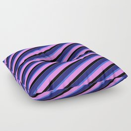 [ Thumbnail: Vibrant Midnight Blue, Royal Blue, Violet, Black, and White Colored Pattern of Stripes Floor Pillow ]
