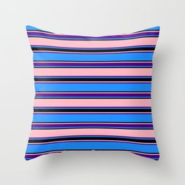 [ Thumbnail: Blue, Black, Light Pink & Indigo Colored Lines Pattern Throw Pillow ]