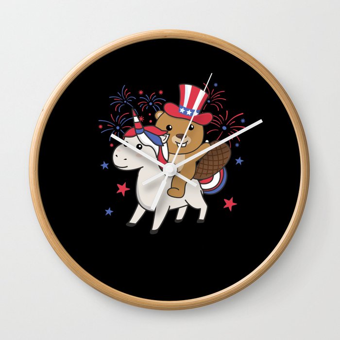 Beaver With Unicorn For Fourth Of July Fireworks Wall Clock