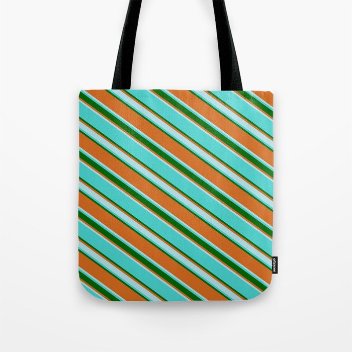 Turquoise, Dark Green, Chocolate & Powder Blue Colored Lines Pattern Tote Bag