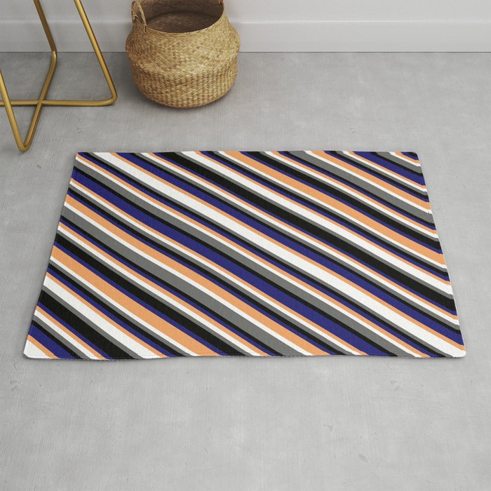 Colorful Brown, White, Dim Gray, Black & Midnight Blue Colored Lines Pattern Rug