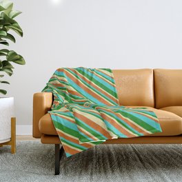 [ Thumbnail: Pale Goldenrod, Chocolate, Turquoise & Forest Green Colored Lines Pattern Throw Blanket ]