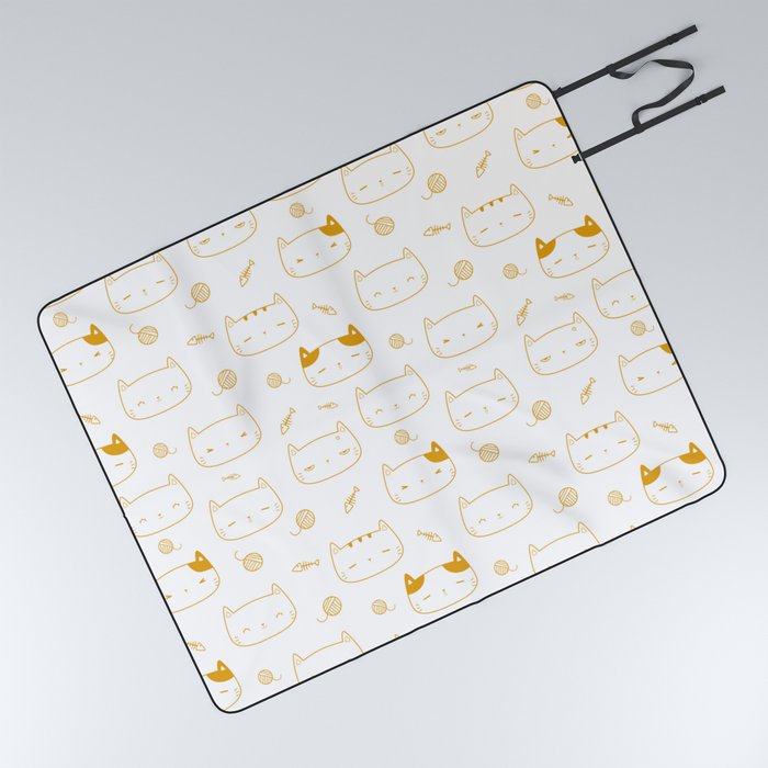 Mustard Doodle Kitten Faces Pattern Picnic Blanket