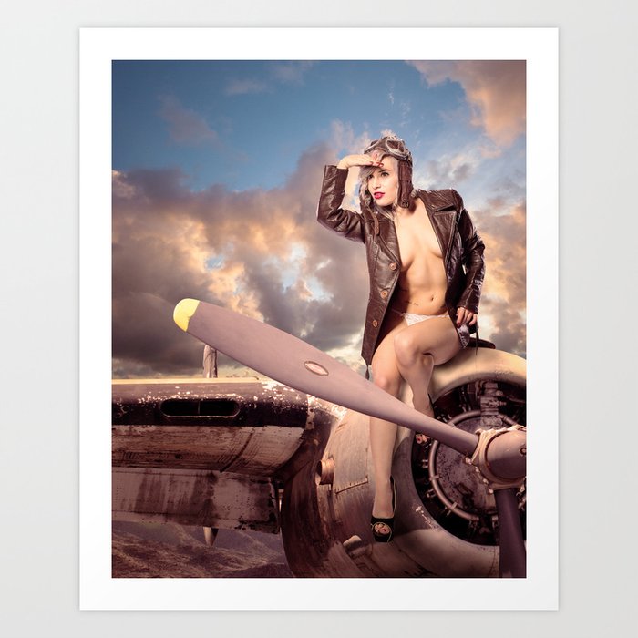 "Captain Felix" - The Playful Pinup - Bomber Jacket Pin-up Girl by Maxwell H. Johnson Art Print