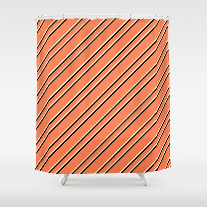 Coral, Beige & Black Colored Lines Pattern Shower Curtain