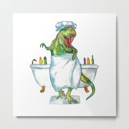 T-rex taking bath dinosaur painting Metal Print