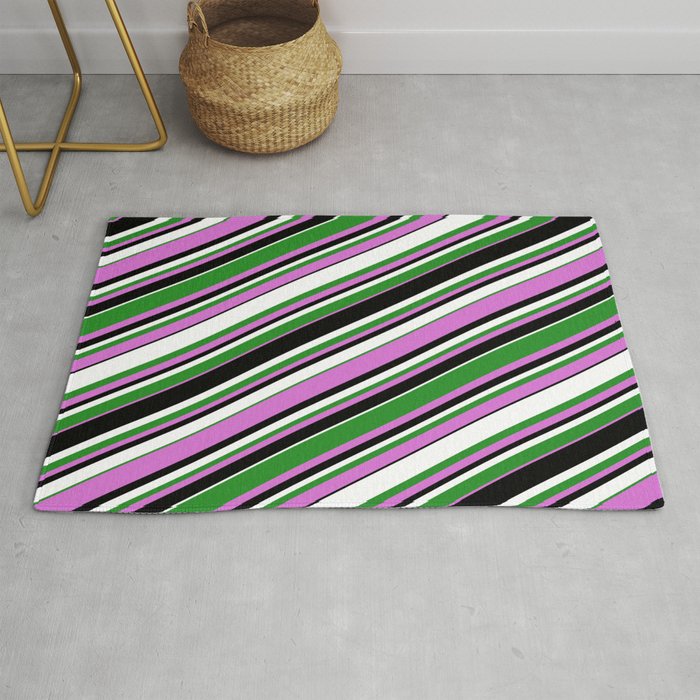 Forest Green, Orchid, Black & White Colored Striped/Lined Pattern Rug