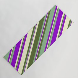 [ Thumbnail: Dark Sea Green, Dark Violet, Light Yellow & Dark Olive Green Colored Stripes Pattern Yoga Mat ]