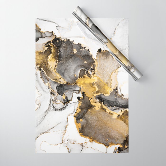 Luxury abstract fluid art painting in alcohol ink technique, mixture of black, gray and gold paints. Imitation of marble stone cut, glowing golden veins. Tender and dreamy design.  Wrapping Paper