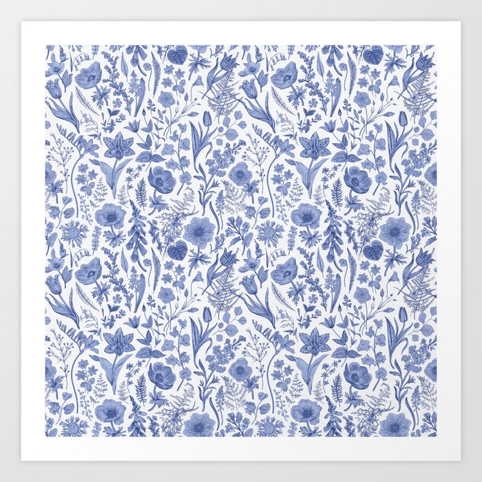Meadow Magic Blooming Blue & White Wild Flower Floral Art Print