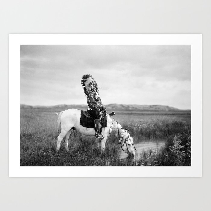 Red Hawk, Oglala Indian Chief on a horse at a pool of water on the plains black and white American Old West photograph Art Print