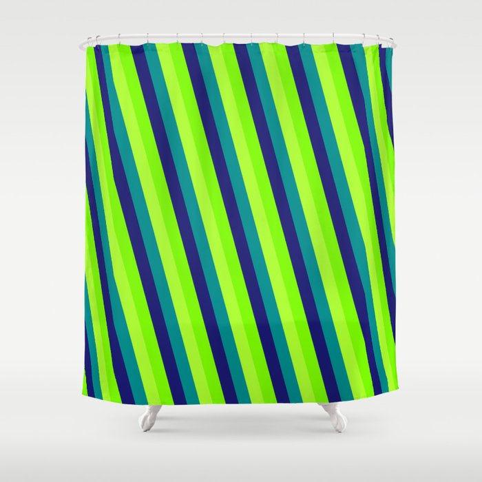 Dark Cyan, Midnight Blue, Green, and Light Green Colored Striped/Lined Pattern Shower Curtain