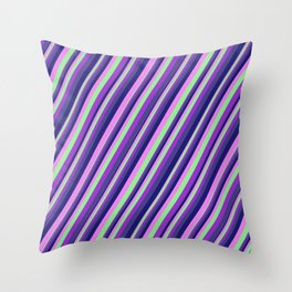 [ Thumbnail: Colorful Light Green, Dark Orchid, Dark Slate Blue, Midnight Blue, Violet Colored Striped Pattern Throw Pillow ]