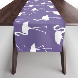 White flamingo silhouettes seamless pattern on purple background Table Runner