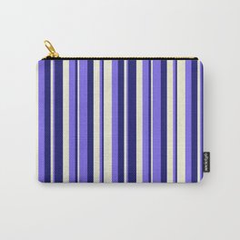 [ Thumbnail: Beige, Medium Slate Blue & Midnight Blue Colored Lined Pattern Carry-All Pouch ]