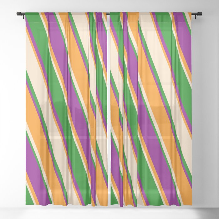 Dark Orange, Bisque, Green, and Purple Colored Stripes Pattern Sheer Curtain