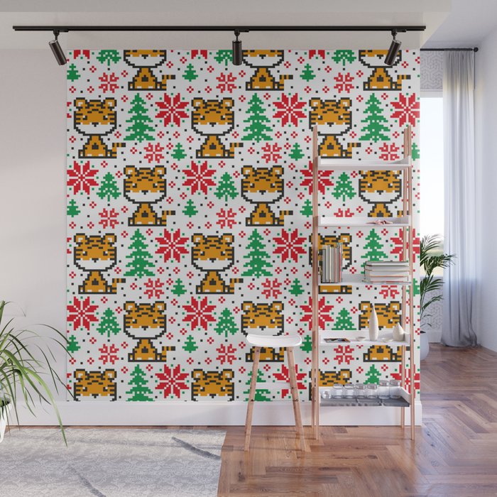 Knitted Christmas and New Year Pattern in Tiger. Wool Knitting Sweater Design.  Wall Mural