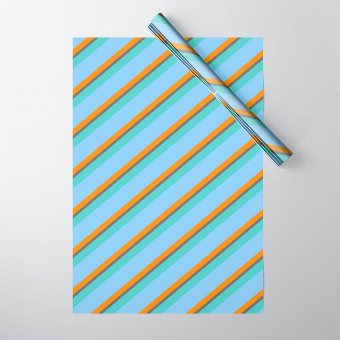 Light Sky Blue, Dark Orange, Dim Grey & Turquoise Colored Striped Pattern Wrapping Paper