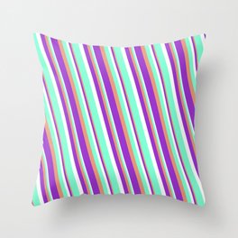 [ Thumbnail: Dark Salmon, Dark Orchid, White, and Aquamarine Colored Striped Pattern Throw Pillow ]