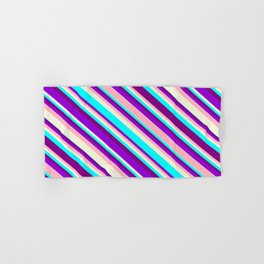 [ Thumbnail: Dark Violet, Light Pink, Beige, Cyan, and Purple Colored Lines Pattern Hand & Bath Towel ]