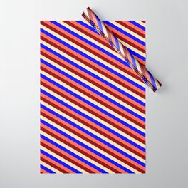 [ Thumbnail: Blue, Red, Dark Red, and Beige Colored Lines/Stripes Pattern Wrapping Paper ]