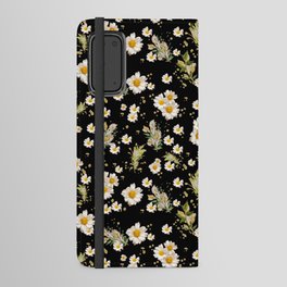 White Daisies Floral Field Pattern Seamless Cottagecore Midnight Black Background Android Wallet Case