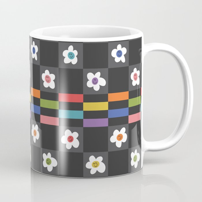 Rainbow Smileyface Checkerboard Pattern on black Coffee Mug
