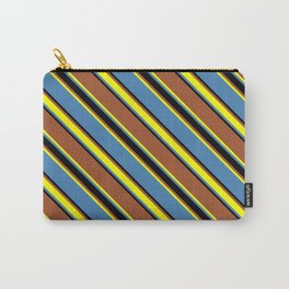 [ Thumbnail: Sienna, Yellow, Blue, and Black Colored Lines/Stripes Pattern Carry-All Pouch ]