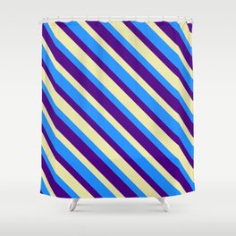 [ Thumbnail: Blue, Indigo, and Pale Goldenrod Colored Striped Pattern Shower Curtain ]