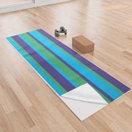 [ Thumbnail: Dark Slate Blue, Sea Green & Deep Sky Blue Colored Striped Pattern Yoga Towel ]