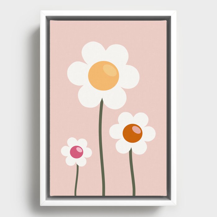 Vintage Daisies | Retro Flowers - Peach Framed Canvas