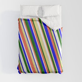 [ Thumbnail: Vibrant Blue, Tan, Dark Green, Red, and White Colored Stripes/Lines Pattern Duvet Cover ]