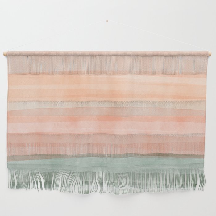 Light Sage Green Waves on a Peach Horizon, Abstract _watercolor color block Wall Hanging